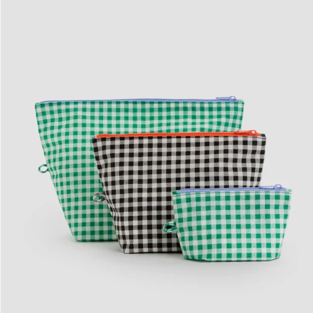 Two Green Gingham BAGGU Go Pouches